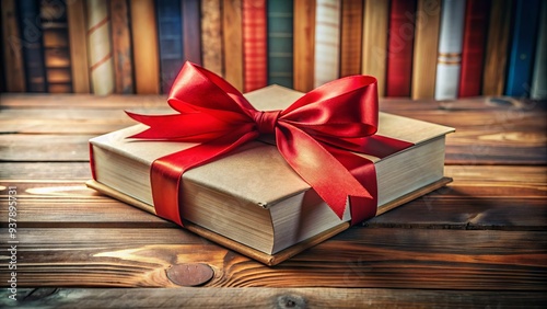 A beautifully wrapped gift with a red bow and a hardcover book visible underneath, surrounded by scattered pages and a few decorative bookmarks. photo