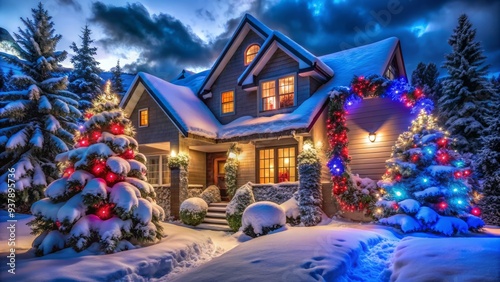 A beautiful snow-covered house adorned with vibrant blue and red Christmas lights, garlands, and wreaths, surrounded by snowflakes and evergreen trees in the winter night.