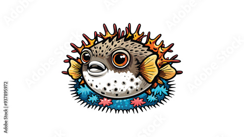 Design a vector illustration of a pufferfish with a surprised expression, surrounded by colorful coral and seaweed.