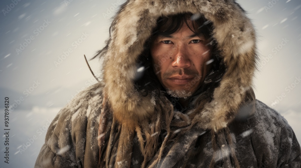 Eskimo male hunter with fur hood and warm clothes in winter scenery. Neural network ai generated art Eskimo male hunter with fur hood and warm clothes in winter scenery. Neural network ai generated art