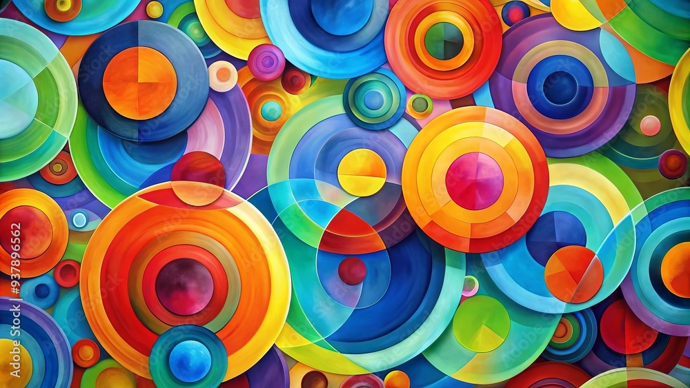 Abstract composition of colorful, overlapping circles in various sizes, blending and merging to create a dynamic, playful, and harmonious visual pattern of shape and color. Abstract composition of colorful, overlapping circles in various sizes, blending and merging to create a dynamic, playful, and harmonious visual pattern of shape and color.
