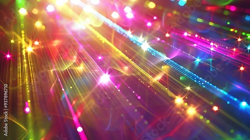 A vibrant abstract background with colorful light rays and sparkles, creating a festive and energetic atmosphere.