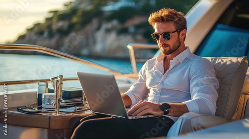 Man Working on Laptop on a Yacht