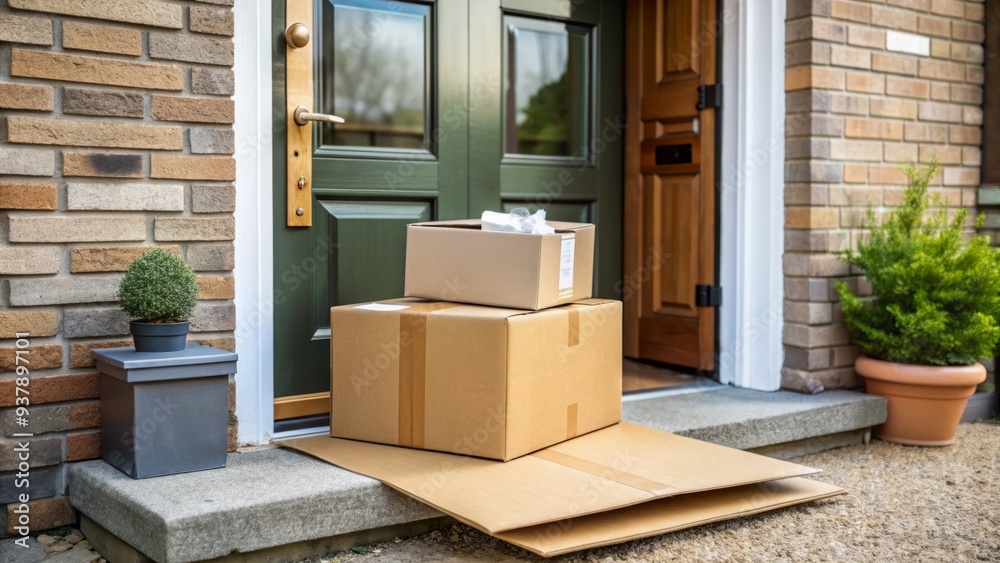 A cardboard box with a courier service label lies open on a doorstep, its contents partially removed, surrounded by packing materials and opened mail. A cardboard box with a courier service label lies open on a doorstep, its contents partially removed, surrounded by packing materials and opened mail.