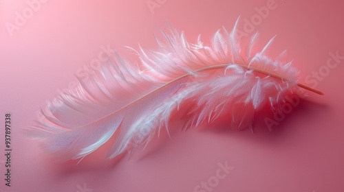 white soft gentle fluffy abstract airy natural elegant bird feather on a light pink background 