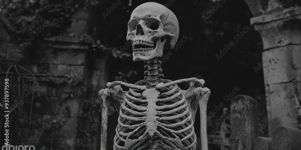 Skeleton in Cemetery with Stone Archway Skeleton in Cemetery with Stone Archway