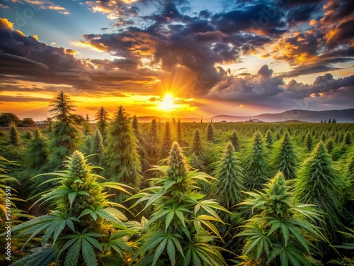 Warm golden light casts a serene glow on a lush green field of towering cannabis plants, set against a vibrant orange and pink sunset sky. photo