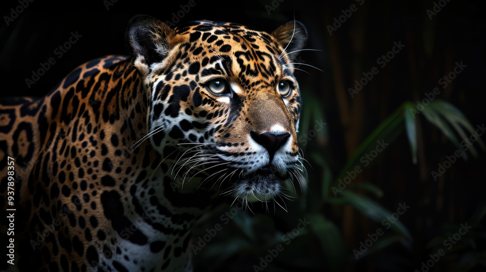 A dramatic portrait of a jaguar emerging from the shadows, its eyes piercing through the darkness, with just the right side of its face and body visible A dramatic portrait of a jaguar emerging from the shadows, its eyes piercing through the darkness, with just the right side of its face and body visible