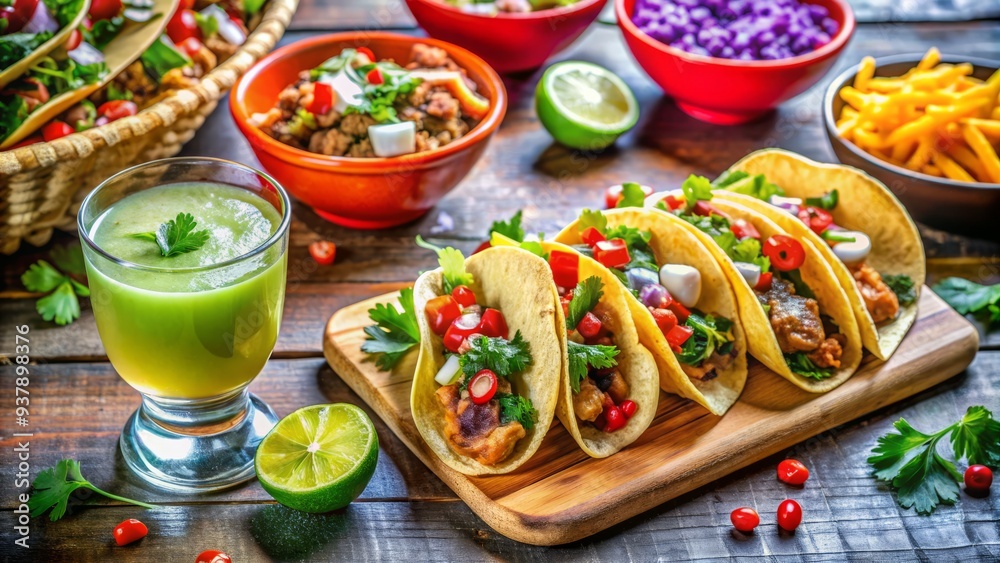 A Colorful And Vibrant Photo Featuring A Spread Of Tacos And Refreshing Margaritas Garnished With Lime Wedges, Perfect For A Festive Celebration Or A Casual Meal. A Colorful And Vibrant Photo Featuring A Spread Of Tacos And Refreshing Margaritas Garnished With Lime Wedges, Perfect For A Festive Celebration Or A Casual Meal.