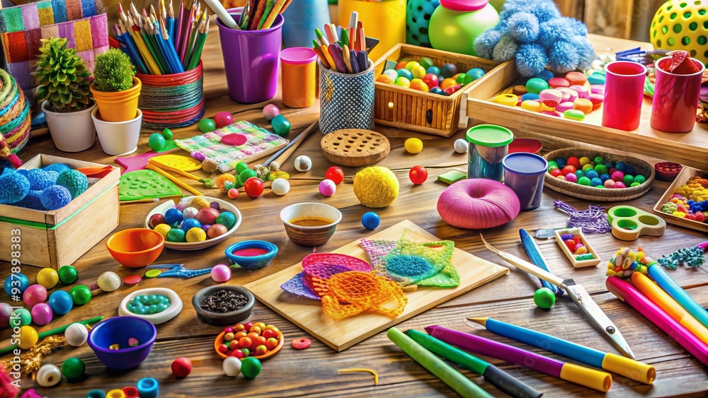 A colorful and lively scene of various arts and crafts supplies scattered on a table, surrounded by half-finished projects and joyful creative chaos. A colorful and lively scene of various arts and crafts supplies scattered on a table, surrounded by half-finished projects and joyful creative chaos.