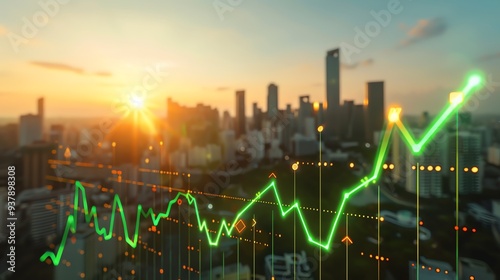 Dynamic city skyline with a rising stock market graph overlay at sunset, symbolizing growth, finance, and investment opportunities. photo