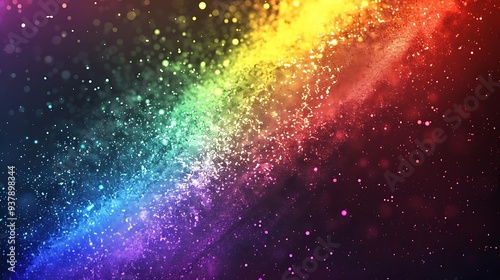 A vibrant, colorful abstract background with a rainbow gradient and sparkling particles.