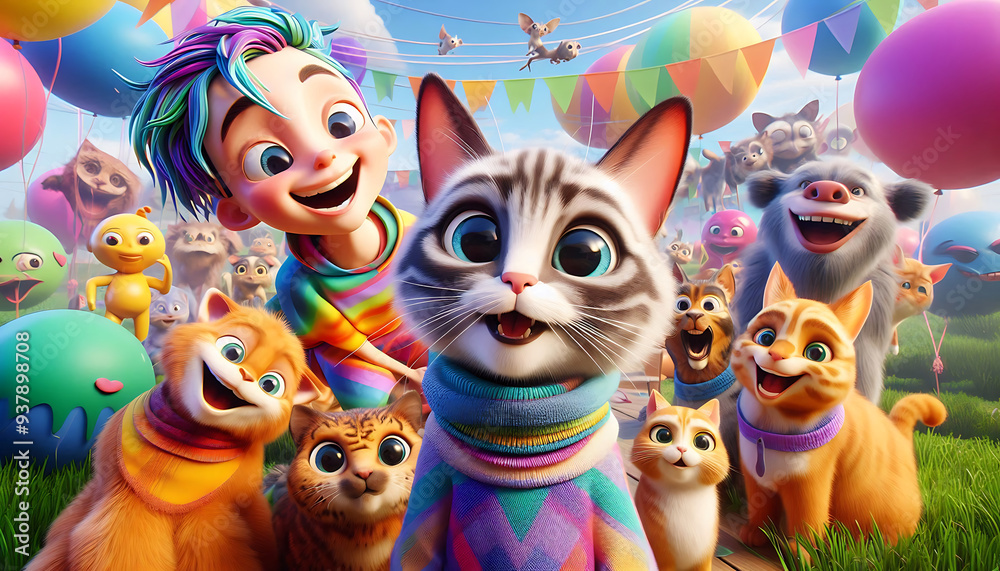 Cartoon of a playful cat with balloons, a butterfly, and a mask, surrounded by colorful elements and a whimsical, childlike atmosphere Cartoon of a playful cat with balloons, a butterfly, and a mask, surrounded by colorful elements and a whimsical, childlike atmosphere