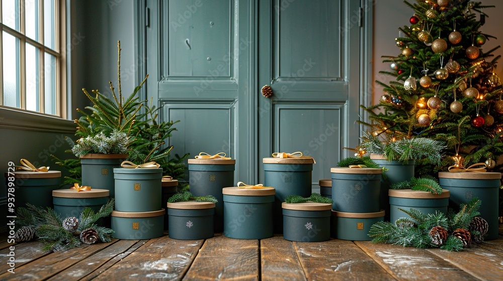 Christmas Gift Boxes Decorated with Pine Branches Christmas Gift Boxes Decorated with Pine Branches
