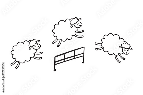 Doodle line cute sheep jumping over fence. Good night sleep poster. Counting sheep to fall asleep. 