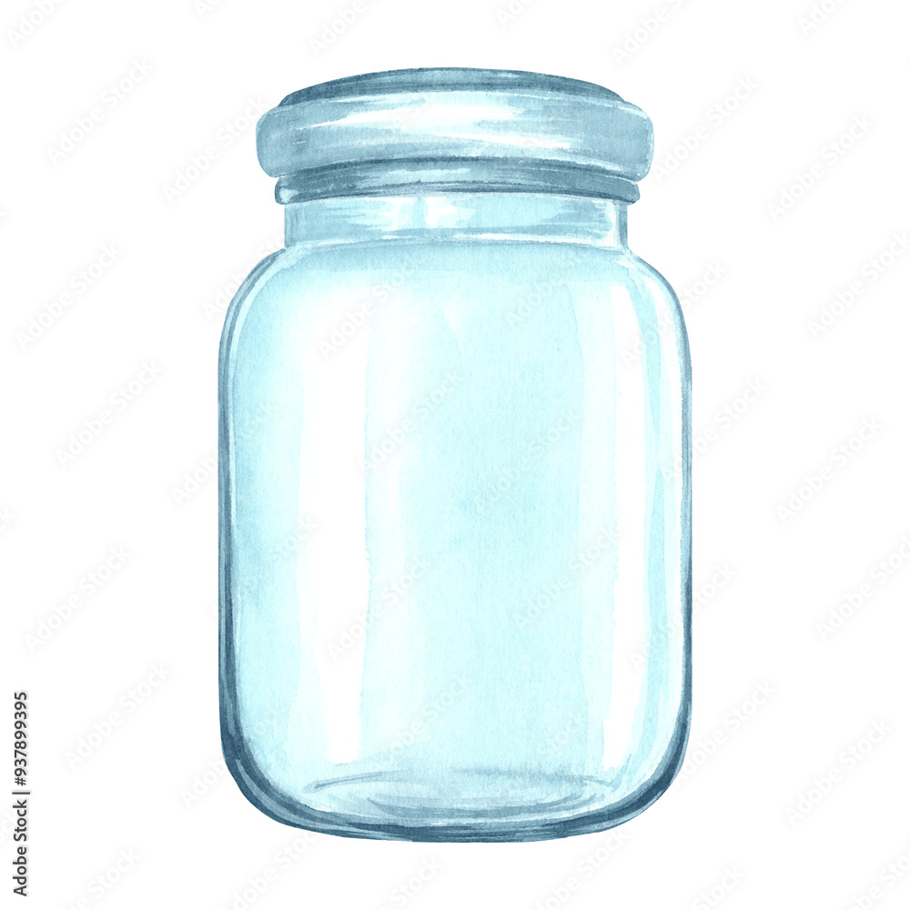 Glass empty jar with lid. Vase transparent for flowers. Hand drawn watercolor illustration isolated. Bottle, vessel for liquid or medicine. Kitchen utensil. Clipart for recipe, cosmetic, cooking book. Glass empty jar with lid. Vase transparent for flowers. Hand drawn watercolor illustration isolated. Bottle, vessel for liquid or medicine. Kitchen utensil. Clipart for recipe, cosmetic, cooking book.