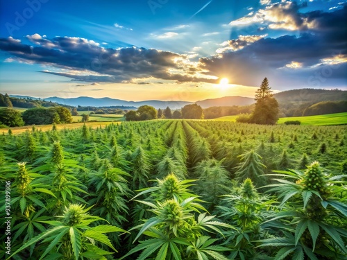 Serene farm landscape with lush greenery, majestic wild plants, and marijuana leaves, set against a calm blue sky with vast open space in the background. photo