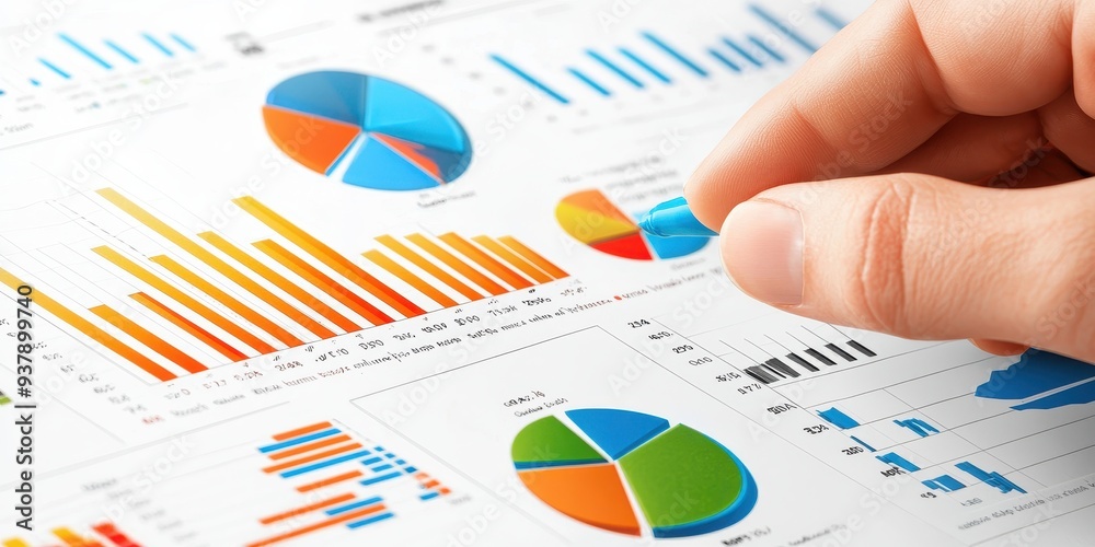 Hand Pointing at Bar Graph and Pie Chart with Blue Marker Hand Pointing at Bar Graph and Pie Chart with Blue Marker