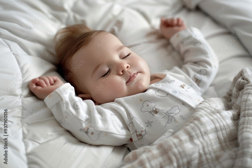 Adorable baby sleeping soundly on a comfortable bed with a plaid blanket, arms stretched out and a serene smile. Adorable baby sleeping soundly on a comfortable bed with a plaid blanket, arms stretched out and a serene smile.