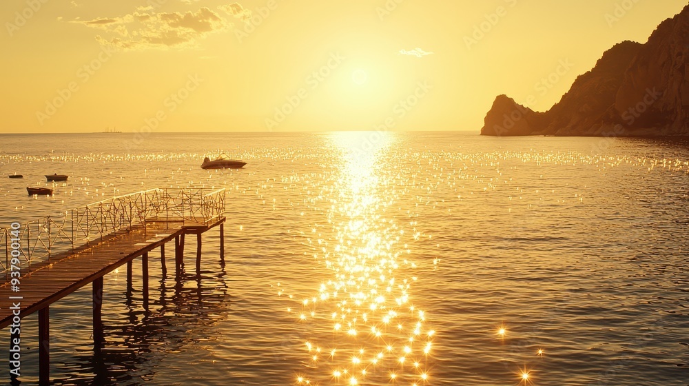 Golden Sunset with Wooden Pier and Sun Glare on Calm Sea Water Golden Sunset with Wooden Pier and Sun Glare on Calm Sea Water