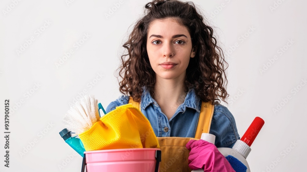 Young woman cleaning on a white background. ai generated art image Young woman cleaning on a white background. ai generated art image