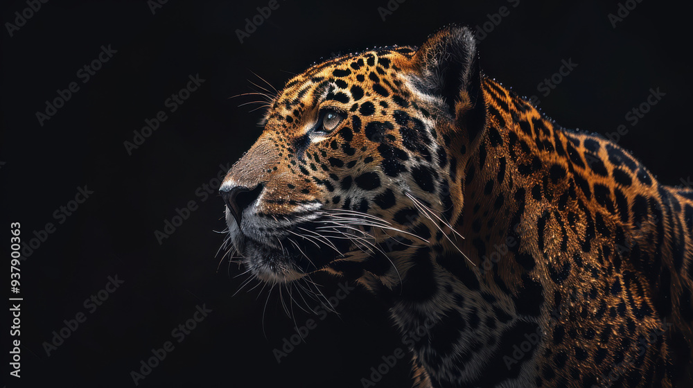 Obraz premium A dramatic portrait of a jaguar emerging from the shadows, its eyes piercing through the darkness, with just the right side of its face and body visible