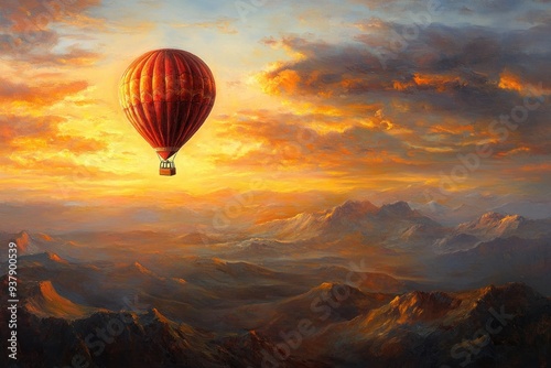 A Single Hot Air Balloon Soaring Over Majestic Mountain Ranges at Sunset