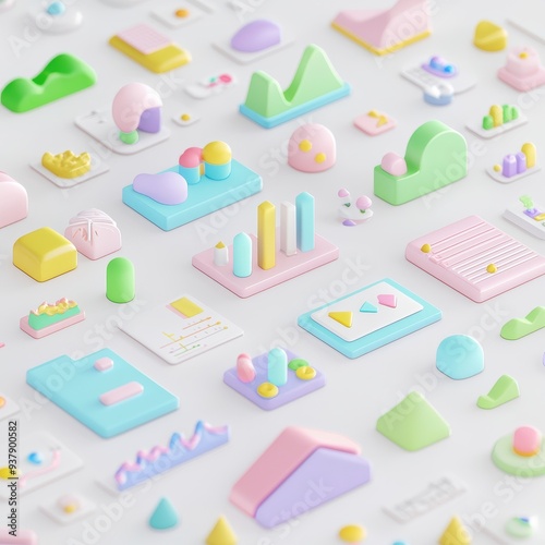 Colorful  D Geometric Shapes on White Background