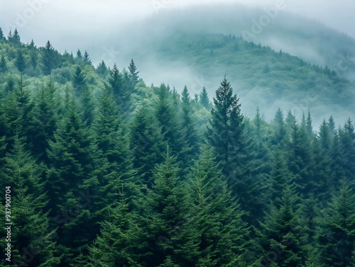 A lush green forest with a foggy atmosphere. The trees are tall and dense, creating a serene and peaceful environment. The fog adds a sense of mystery and tranquility to the scene