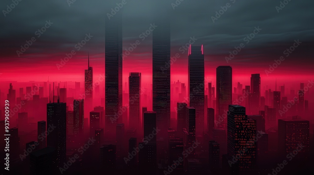 Fototapeta premium Cyberpunk skyline, dark and moody atmosphere, 3D illustration