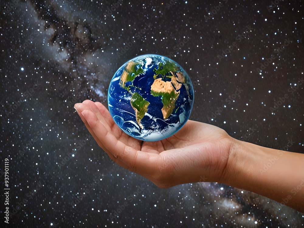 Planet Earth in the palm of a woman's hand against the background of the starry sky. Planet Earth in the palm of a woman's hand against the background of the starry sky.