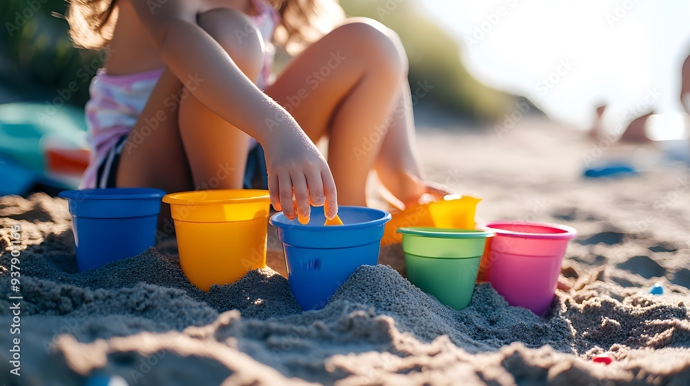13. A child building a sandcastle with colorful plastic buckets and shovels at the beach 13. A child building a sandcastle with colorful plastic buckets and shovels at the beach