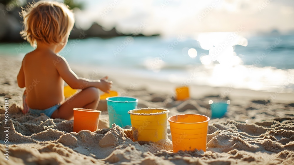 13. A child building a sandcastle with colorful plastic buckets and shovels at the beach 13. A child building a sandcastle with colorful plastic buckets and shovels at the beach