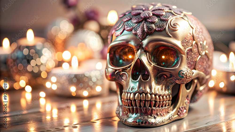 3D Holographic Pan de Muerto and Glossy Skull concept as Close up of a glossy pan de muerto beside a holographic skull isolated on a white background creating a festive and vibrant Dia de Muertos them 3D Holographic Pan de Muerto and Glossy Skull concept as Close up of a glossy pan de muerto beside a holographic skull isolated on a white background creating a festive and vibrant Dia de Muertos them