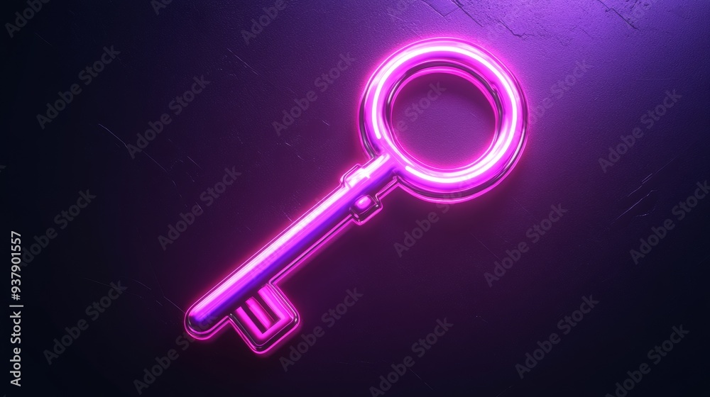 A neon key is lit up in purple A neon key is lit up in purple
