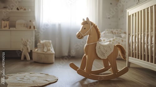 16. A classic wooden rocking horse in a cozy nursery room photo