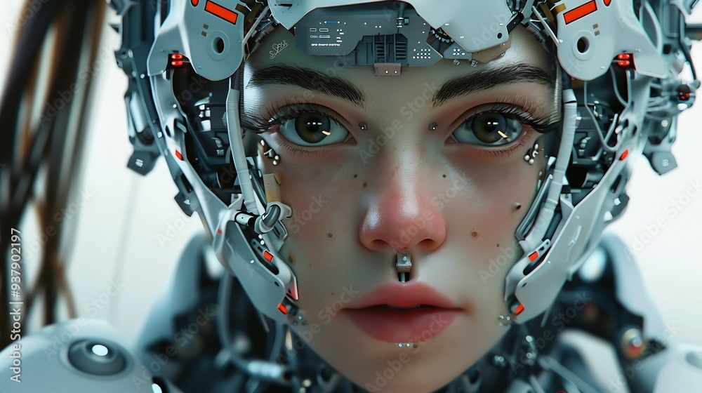 Close-up of a Cyborg Woman with part of her Face covered by a complex technological machine, Close-up of a Cyborg Woman with part of her Face covered by a complex technological machine,