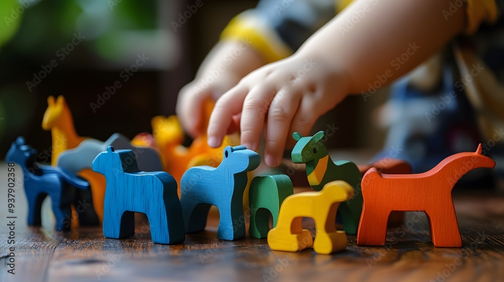 Naklejka premium 19. A child playing with a set of imaginative wooden animal figures in a pretend zoo