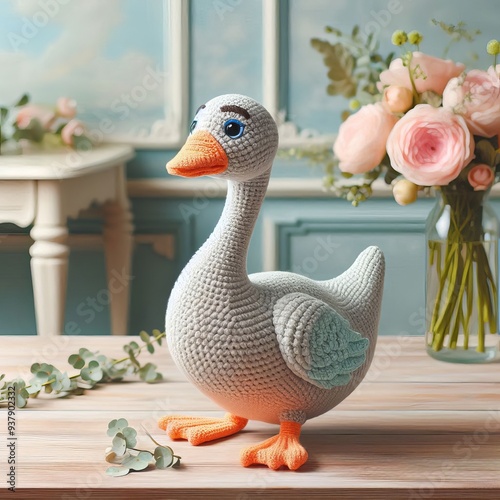 Handmade crochet goose toy on a wooden table with flowers in the background, perfect for decor or gift.