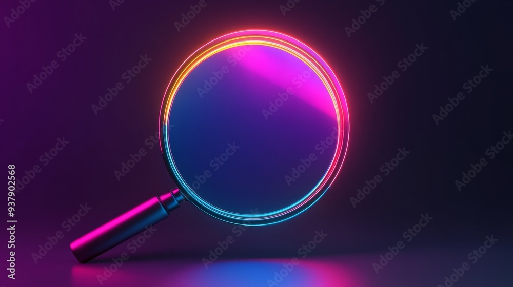 A colorful, neon-lit magnifying glass is displayed on a dark background A colorful, neon-lit magnifying glass is displayed on a dark background