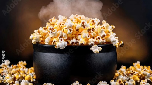 Popcorn Popping in a cauldron, fog drifting around, warm golden tones with soft shadow, realistic popping corn detail