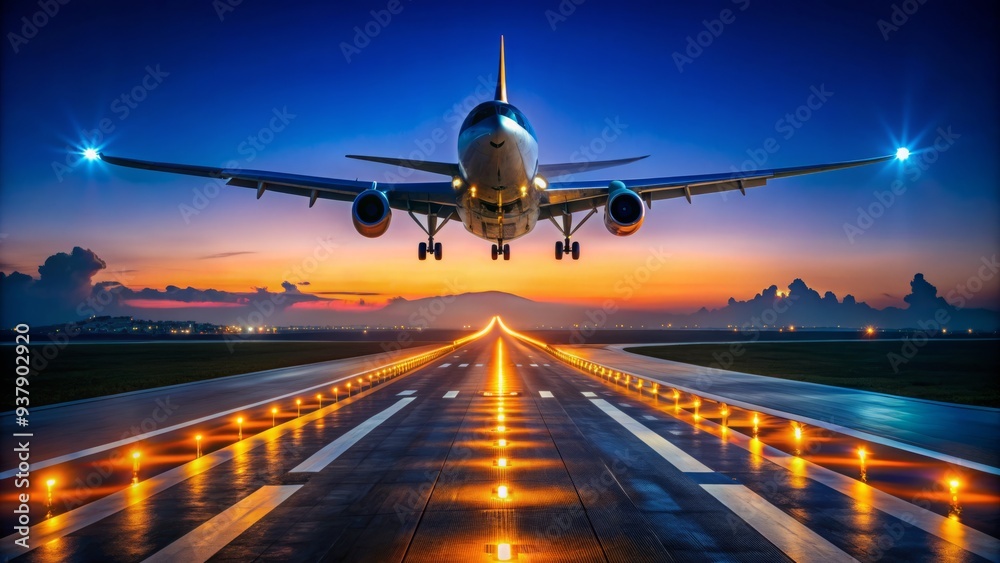 Aerial view of a commercial airliner taking off into a dark blue night sky, illuminated by orange and yellow runway lights, against a starry backdrop. Aerial view of a commercial airliner taking off into a dark blue night sky, illuminated by orange and yellow runway lights, against a starry backdrop.