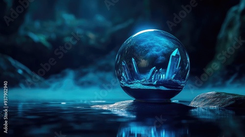 Crystal Ball Gazing in a dark room, fog rolling around, soft glowing light with deep shadow, detailed crystal and reflection photo