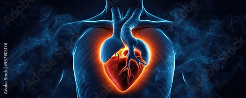 Heart Pounding in the dark, fog swirling around, soft glowing light with deep shadow, detailed chest and heartbeat effects