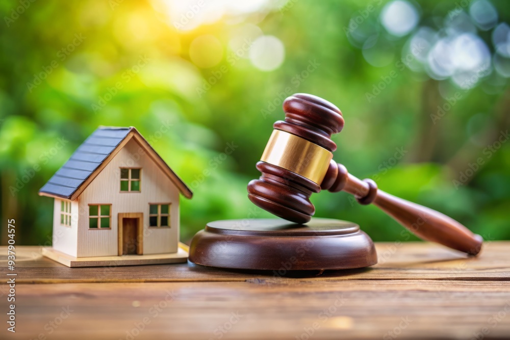 A gavel rests beside a miniature house figurine on a wooden table, symbolizing foreclosure, eviction, or property law, with a blurred background.