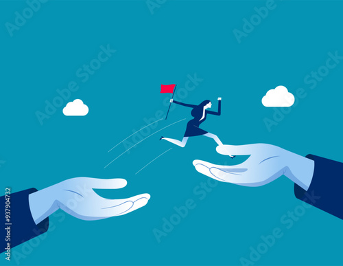 Mentorship to assist employee to success. Helping hand or encouragement for teammate to achieve business goal. Businessman jumping up hand growth ladder to progress target. Business support concept