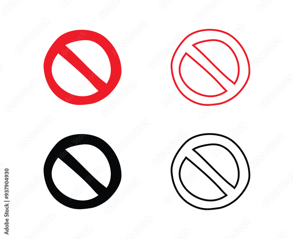 Doodle prohibition signs Set hand drawn style. Flat drawing isolated prohibition sign icons, red and black signs collection. Crossed out circles. Doodle prohibition signs Set hand drawn style. Flat drawing isolated prohibition sign icons, red and black signs collection. Crossed out circles.