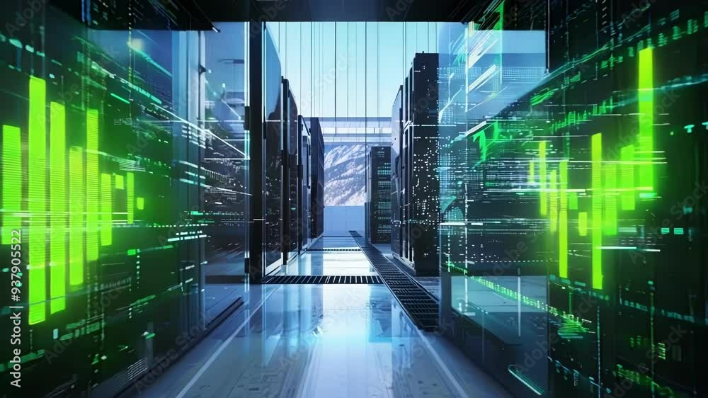 Illuminated server room in data center with green binary code, showcasing modern technology and innovation