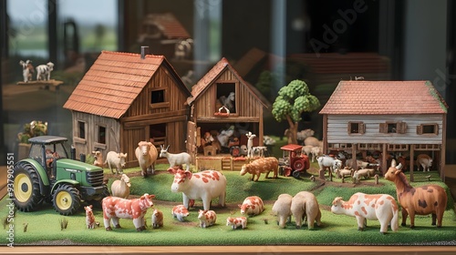 Fototapeta Naklejka Na Ścianę i Meble -  32. A toy farm set with animals, barns, and tractors displayed on a table