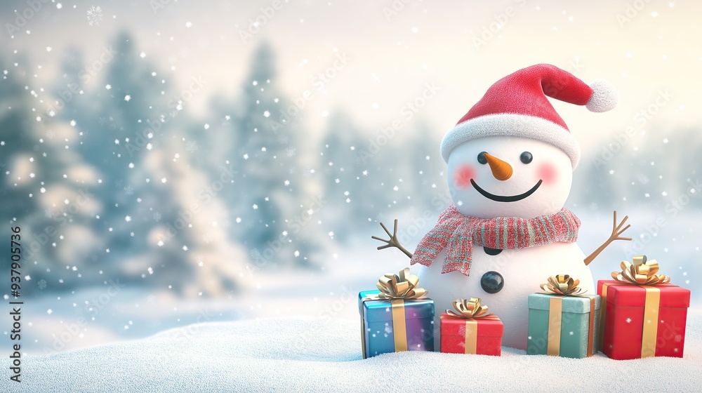 A cute, funny snowman with a wool hat and scarf is laughing. The concept embodies the cheerful and playful spirit of winter and Christmas. Generative AI.